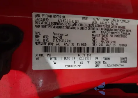 2014 Ford Focus Se z USA, uszkodzony, nr VIN 1FADP3K26EL248634